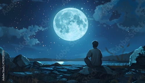Tranquil Contemplation Under the Moonlit Skies - Adult's Quiet Moment in Nature's Serene Embrace