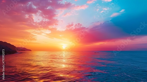 Breathtaking Sunset Over Tranquil Ocean Horizon - Serene Coastal Landscape at Dusk © T