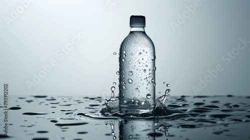 A refreshing mineral water in a plastic or glass bottle on a mirror table with a water surface. Crystal water drops motion around and on the bottle.  photo