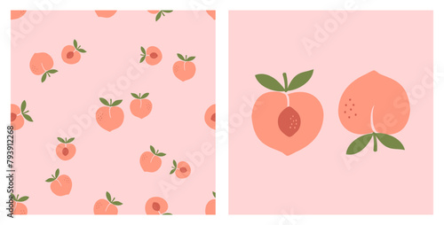 Seamless pattern of peach fruit with green leaves on pink background vector. Peach icon set.