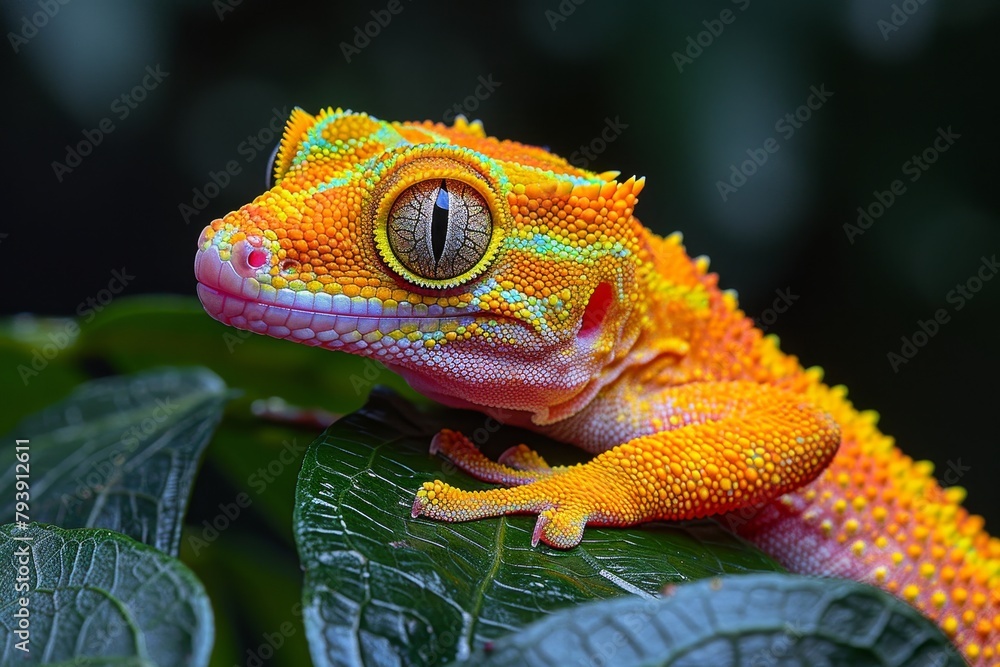 Crested Gecko: Climbing on a leafy branch with vibrant colors, ideal for reptile lovers. Crested Gecko: Climbing on a leafy branch with vibrant colors, ideal for reptile lovers.