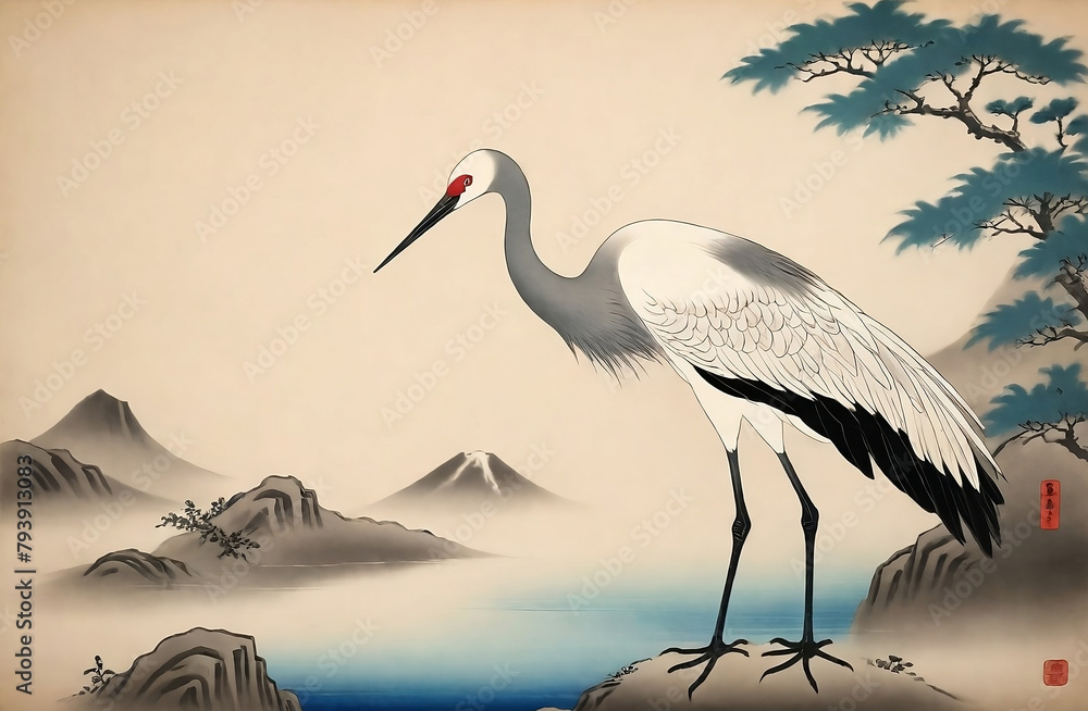 Naklejka premium Vintage traditional Japanese painting, Crane – Tsuru . Painting on old paper background wallpaper created with generative ai