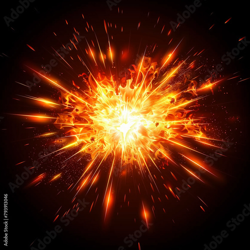 Intense fire explosion, solid black background