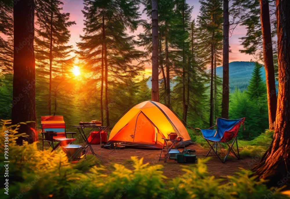illustration, outdoor camping gear set equipment campsite adventure, nature, tent, sleeping, bag, flashlight, hiking, boots