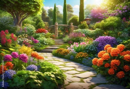 illustration, lush garden landscaping colorful green stone pathway, blooms, foliage, gardening, backyard, design, outdoor, arrangement © Yaraslava