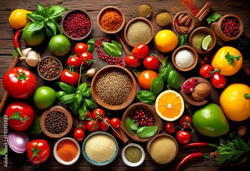 illustration, vibrant food composition fresh produce table, ingredients, spices, colorful, arrangement, delicious, appetizing, culinary, art © Yaraslava