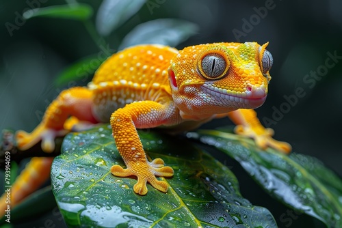 Crested Gecko  Climbing on a leafy branch with vibrant colors  ideal for reptile lovers.