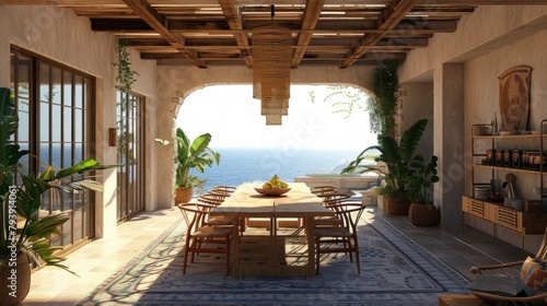 Modern, luxury home showcase living room and dining room open to ocean view at dusk