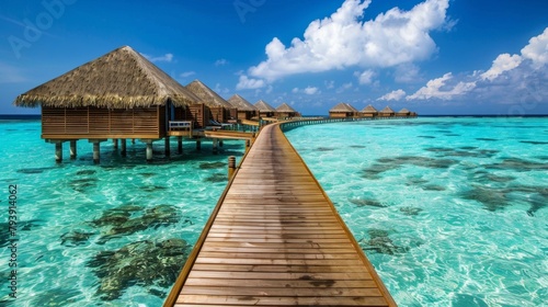  The essence of tropical luxury with Maldives overwater bungalows  where pristine turquoise waters meet serene beauty.  Generative AI. 