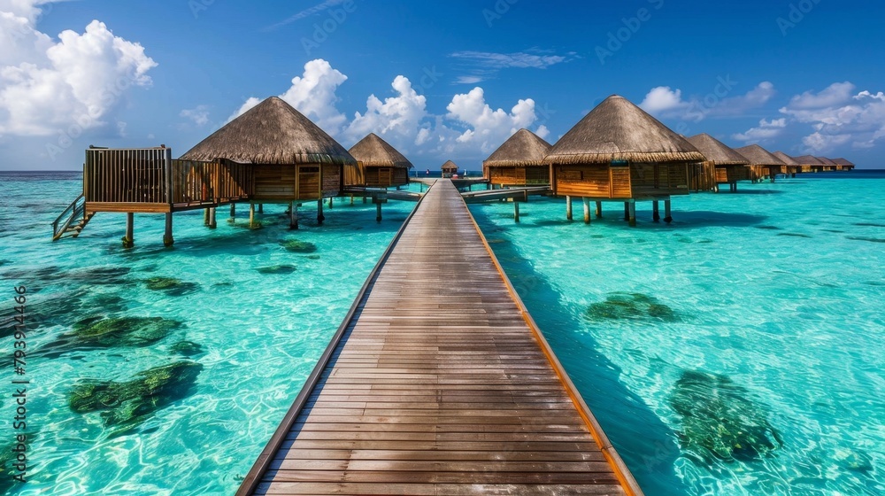 Overwater bungalows in the Maldives, a tropical paradise, boast stunning views of pristine turquoise waters, epitomizing luxury. Generative AI.