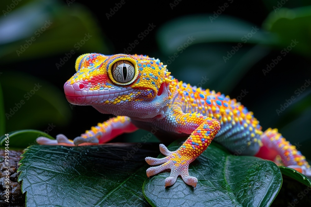 Crested Gecko: Climbing on a leafy branch with vibrant colors, ideal for reptile lovers. Crested Gecko: Climbing on a leafy branch with vibrant colors, ideal for reptile lovers.