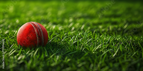 Red Cricket Ball Closeup on Green Grass Background, Green Grass Background with Closeup of Red Cricket Ball - Ai Generated
