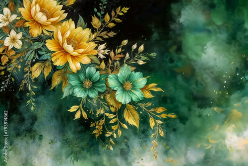 Eleganza Floreale- Fiori in Stile Acquerello con Elementi Botanici Luminosi Verde-Oro photo
