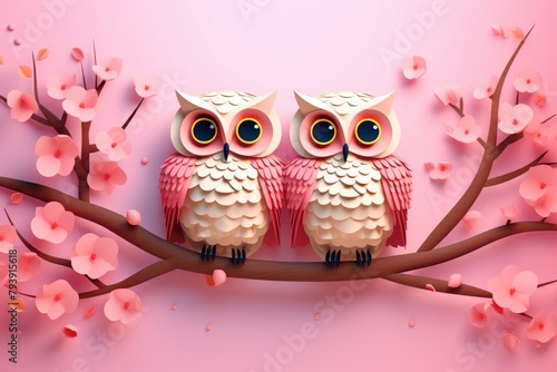 cute owl couple sit on branch paper art illustration