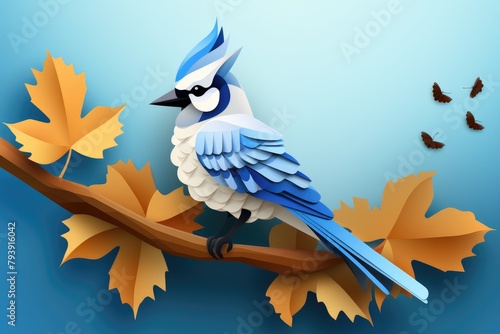 blue jay bird sit on branch paper art illustration