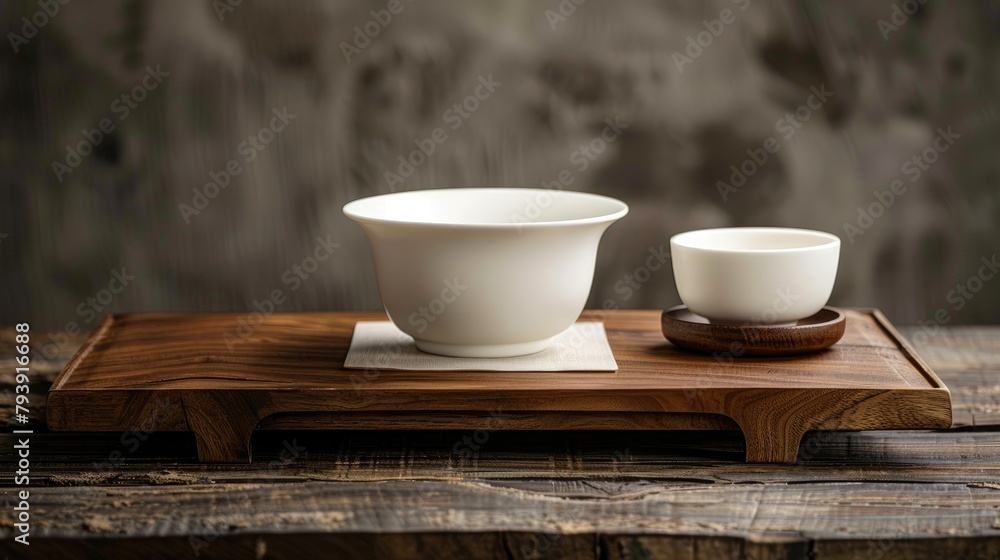 White Chinese porcelain gaiwan displayed on a wooden platform White Chinese porcelain gaiwan displayed on a wooden platform