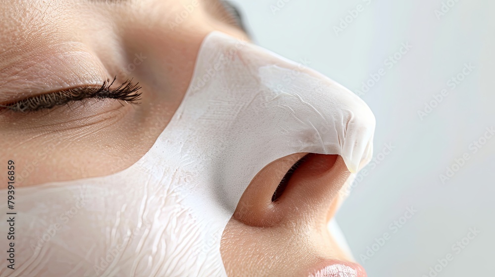 Naklejka premium A close-up of a person wearing a nose splint after rhinoplasty surgery, recovering and waiting to reveal their new nose shape.
