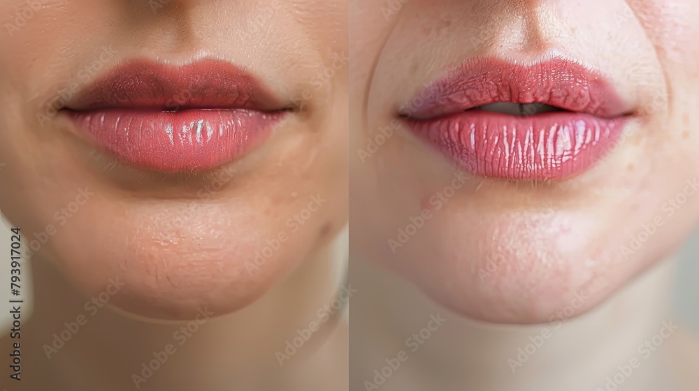 Naklejka premium A close-up of a woman's lips before and after lip reduction surgery, showing the transformation from overly large to a more balanced appearance.