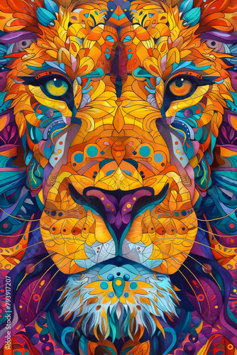 Colorful painting of lion's face.