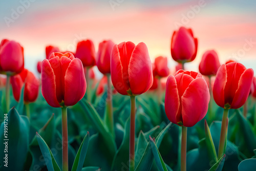 Field of red tulips in the sunset. photo