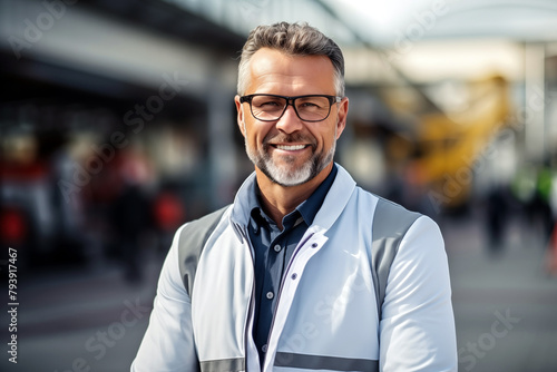 Portrait of a smiling mature businessman in eyeglasses standing outdoors,selective focus photo
