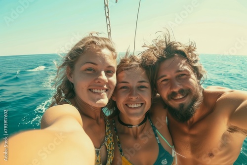 Happy smiling young people taking selfie against sea background, beach holiday with friends © pundapanda