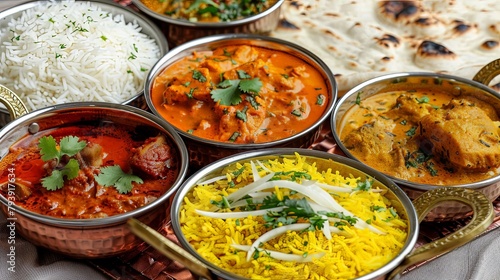 A colorful assortment of vibrant Indian curries, served with fragrant rice and warm naan bread, representing the rich and diverse flavors of Indian cuisine.