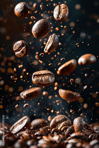Coffee beans falling into the air.