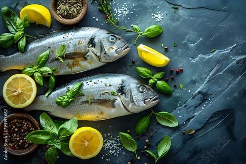 Freshly Caught Fish and Citrus on Slate Background