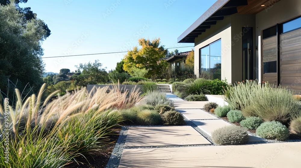 Obraz premium A contemporary minimalist garden design in front of a sleek urban residence, featuring clean lines, geometric shapes,