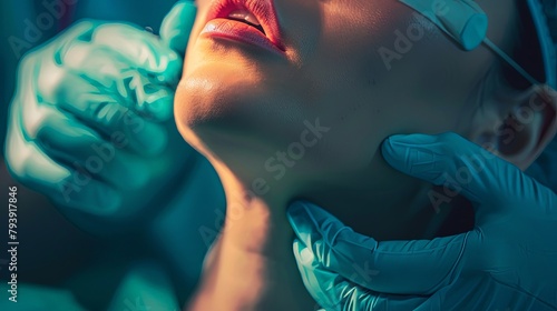 A cosmetic surgeon performing a chin augmentation procedure using implants to enhance the size and projection of a patient's chin. photo