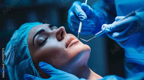 A cosmetic surgeon performing a chin reduction procedure to reshape and refine the contours of a patient's jawline and chin.
