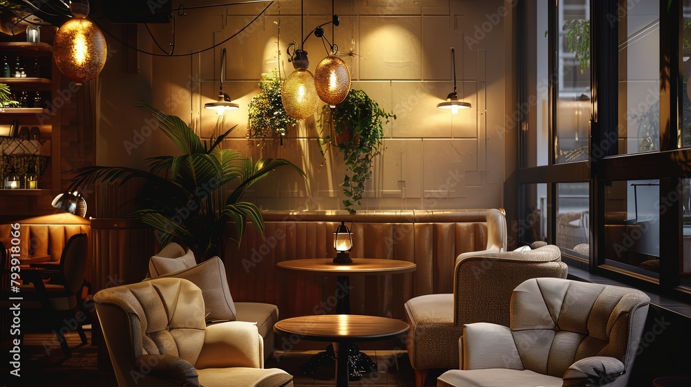 A cozy corner in a cafe with comfortable armchairs and soft lighting, creating a relaxed and inviting space for patrons to unwind with a cup of coffee.