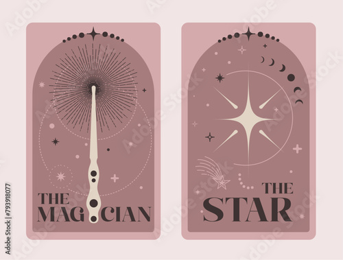 Pairs of Tarot cards The Magician and The Star, Celestial Tarot Cards Basic witch tarot surrounded by moon and stars. Vector illustration.