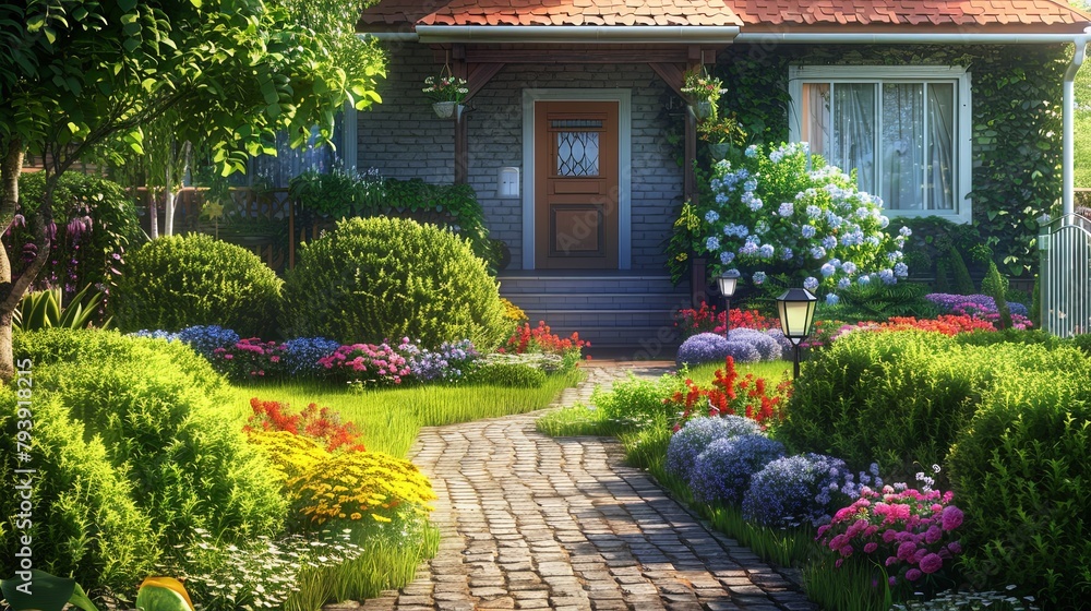 A cozy front yard garden with neatly trimmed bushes, colorful flower beds, and a welcoming pathway leading to the front door.