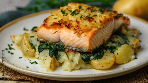Gratinated potatoes leek and spinach served alongside a salmon fillet