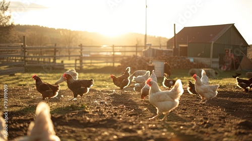A group of chickens pecking at feed in a spacious free-range farmyard, illustrating humane and sustainable practices in poultry farming. photo