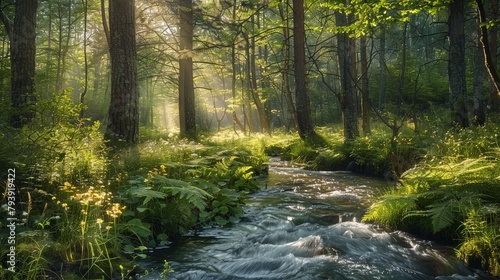 A hidden forest stream flowing through a sun-dappled grove, its banks lined with wildflowers and ferns, creating a scene of natural serenity. © chanidapa