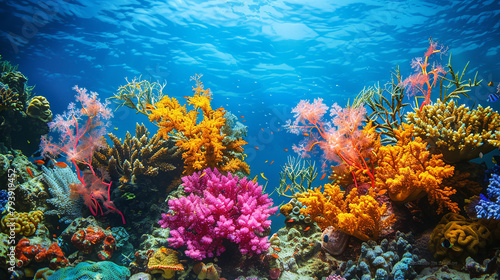 A vibrant coral reef underwater scene, the colorful marine life and corals set against the clear blue of the ocean, offering a dazzling and beautiful background. 32k, full ultra hd, high resolution © Annu