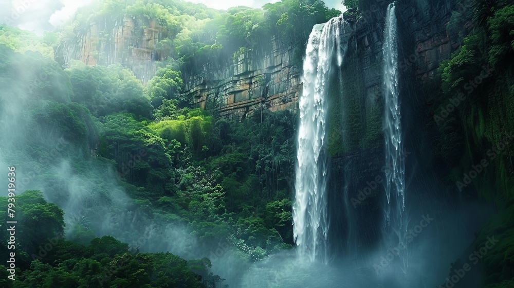 A majestic waterfall cascading down the face of a sheer cliff, surrounded by lush greenery and misty spray in a stunning natural spectacle.