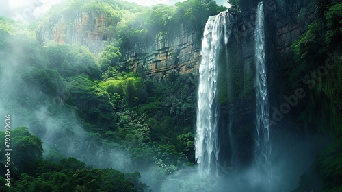 A majestic waterfall cascading down the face of a sheer cliff  surrounded by lush greenery and misty spray in a stunning natural spectacle.