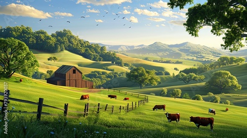 A pastoral scene of a sunny farm with grazing cows, rolling green hills, and a rustic barn, embodying the idyllic charm of animal husbandry. photo