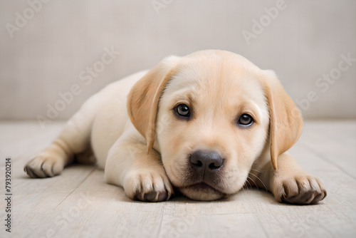 A Labrador Retriever puppy is lying on the floor. © SSUSSU
