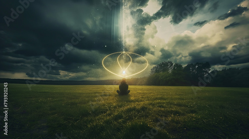Mystical Meditation in Field with Cosmic Light Rings" man in the center of a field looking towards heaven. 