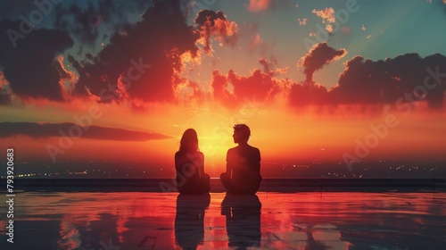 a thought-provoking image of two individuals engaged in a deep conversation while looking out into a cinematic sunset Emphasize the body language to convey intense discussion