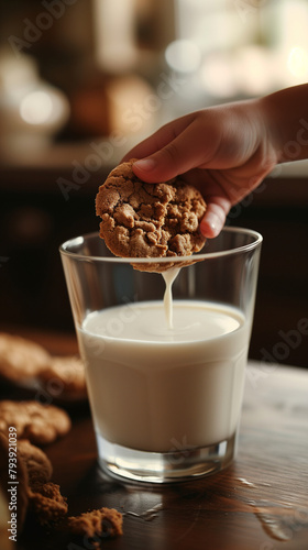 Childs hand dipping a cookie into a glass of milk