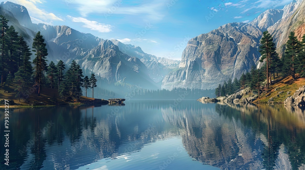 A serene mountain lake nestled at the base of towering cliffs, reflecting the rugged beauty of the surrounding landscape in its tranquil waters.