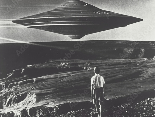 surreal encounter, desert landscape, 1950s scifi, desert cliff overlooking new mexico,  white shirt, sleeves rolled up, giant UFO looms large man, thin sleek silver UFO with reflective surfaces