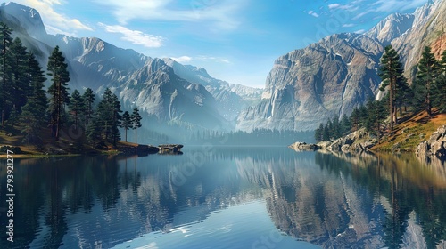 A serene mountain lake nestled at the base of towering cliffs, reflecting the rugged beauty of the surrounding landscape in its tranquil waters.