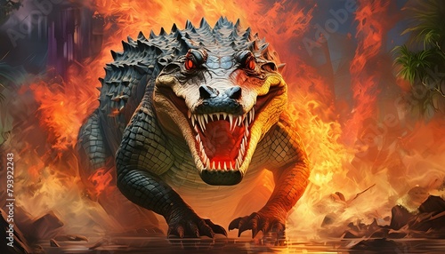 ai generative of a fire that burned a crocodile, which was rampaging in the middle of the city photo